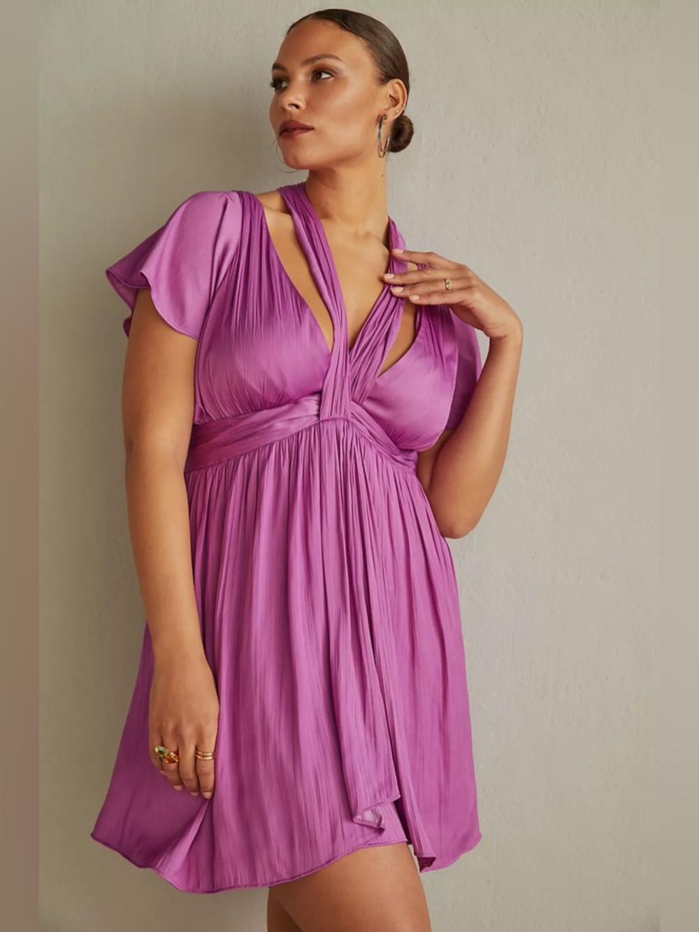 Anthropologie Deep V-Neck Vibrant Mini Dress in Purple US 14